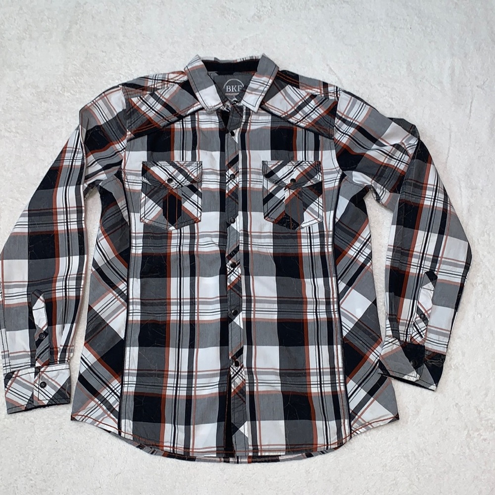 BKE mens black plaid standard fit snap button down shirt size M